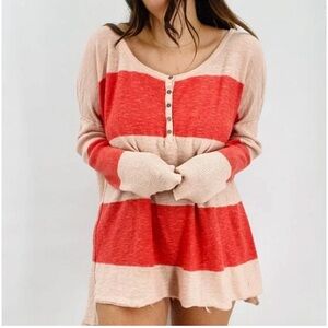 Free People Beach Striped Gold Rush linen Henley Sweater Pink oversized small